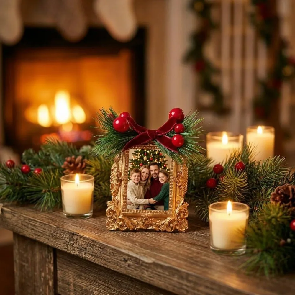 Resin Gold Small Photo Frame Pine Leaf Red Berry Christmas Photo Frame Desktop Wall Mounted Dual-use Christmas Tree Accessories
