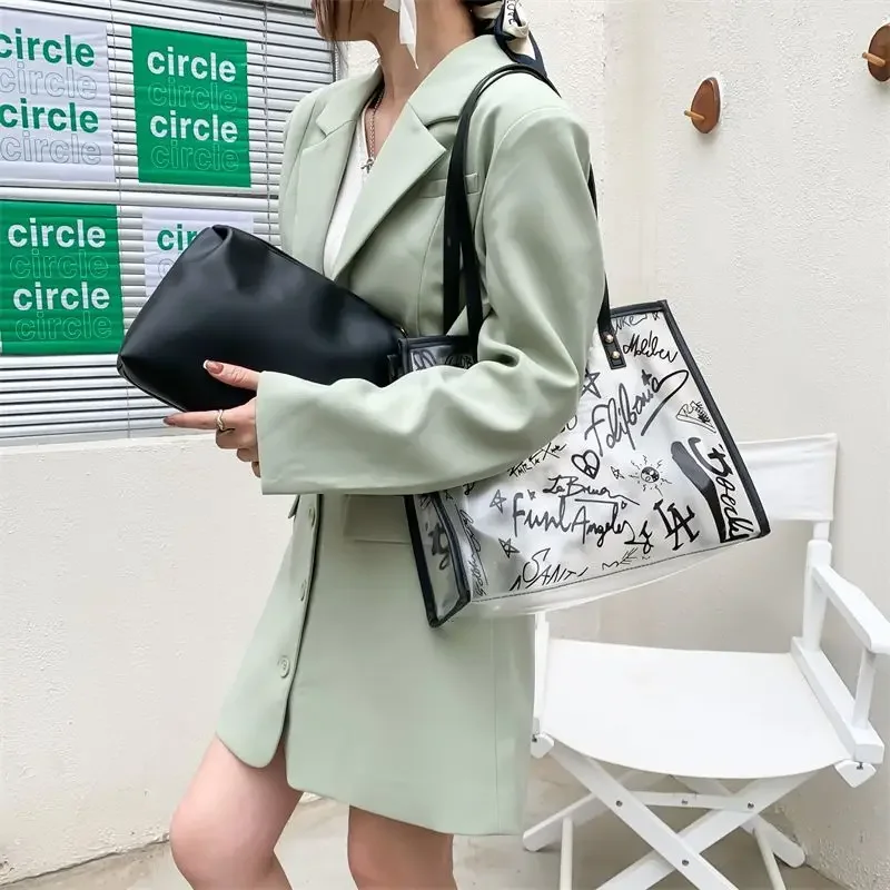 Transparent Graffiti Tote Bags Women Students Designed Water-proof Shoulder Bag Outdoor Commuter Handbags All-match Bolsos Daily