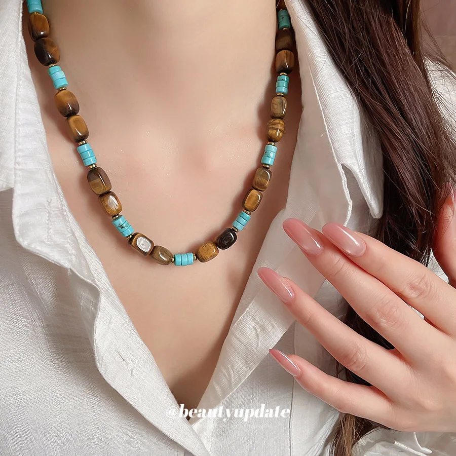 Vintage Natural Style Tiger Eye Stone Amazonite Beads Necklace Different Shapes Spliced Single Strand Neck Chain Jewelry