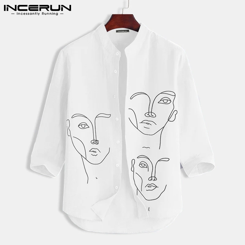 Men Casual Shirt Printed Stand Collar 3/4 Sleeve Breathable Fashion Men Clothing 2023 Streetwear Leisure Camisas S-3XL INCERUN