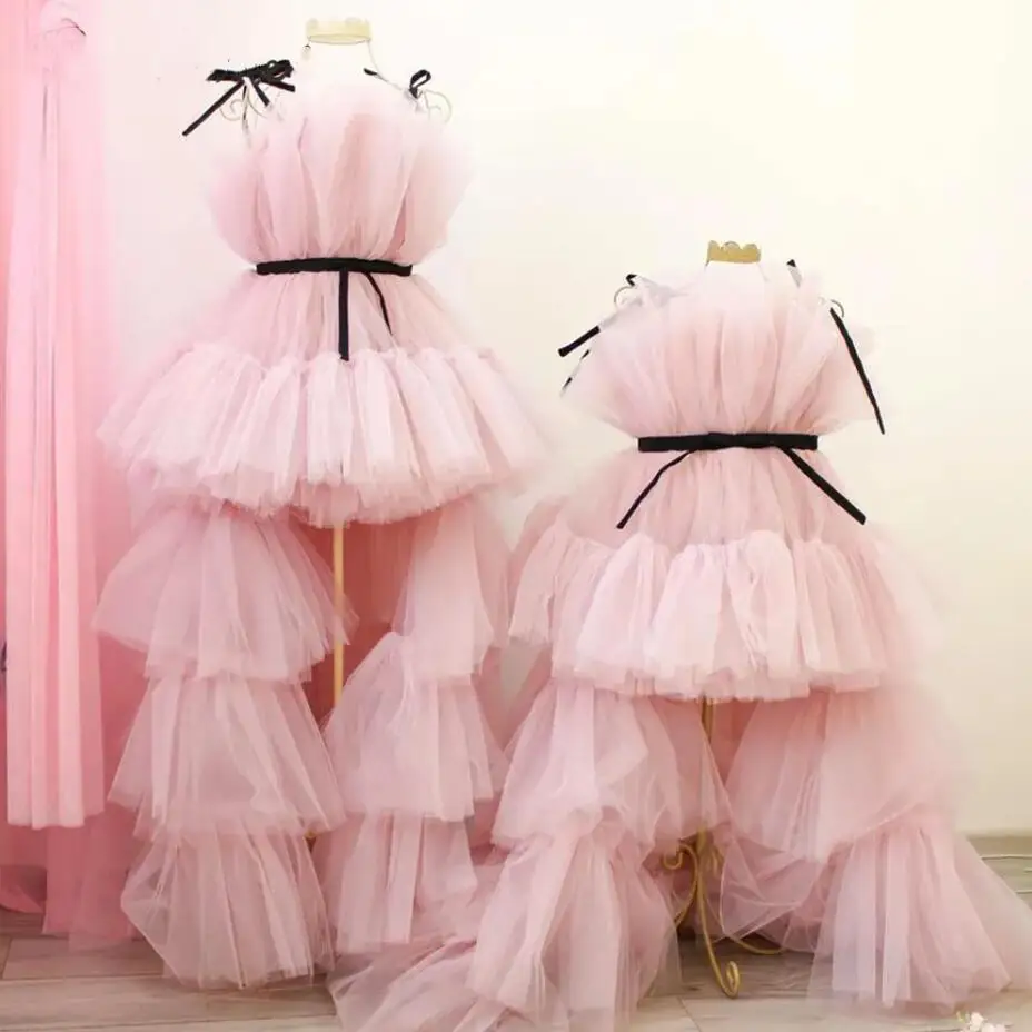 Pink Luxury Mother Daughter Matching Gowns Children Birthday Party Dresses Kids Clothes Photoshoot Any Size Prom Dress