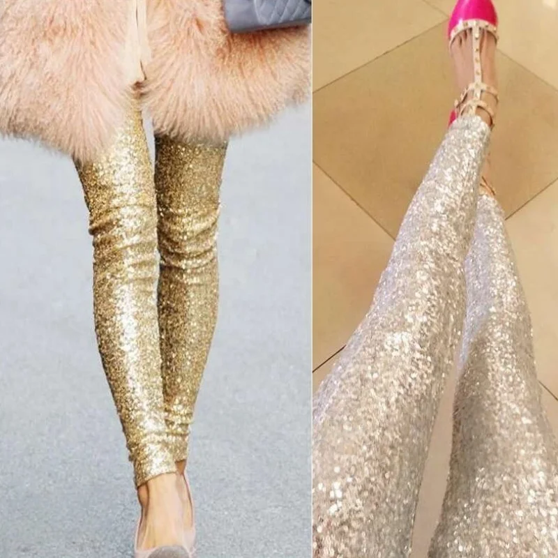 

Autumn Winter Sequin Glitter Women 3/4 Leggings Gold Party Club Dance Stage Pants Warm Trousers Pencil Bottoms