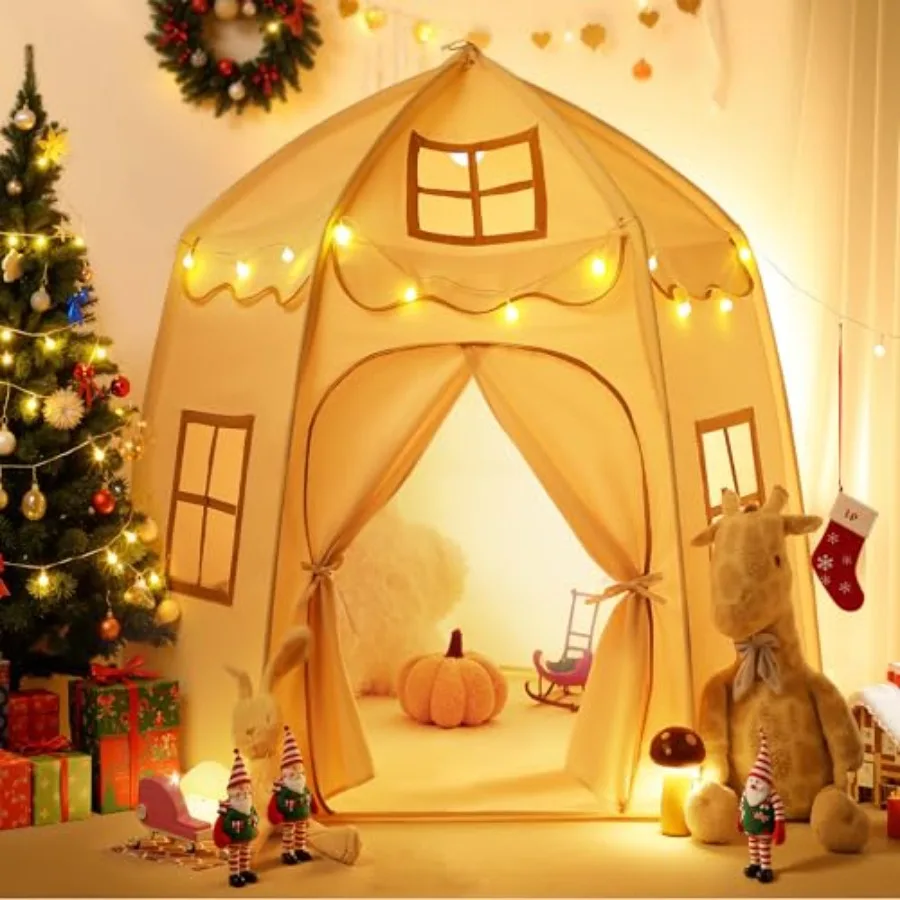 

Play Tent for indoor outdoor use, polyester fabric, white, spacious hexagonal design with star lights, 1 door 3 windows, 61 x 3