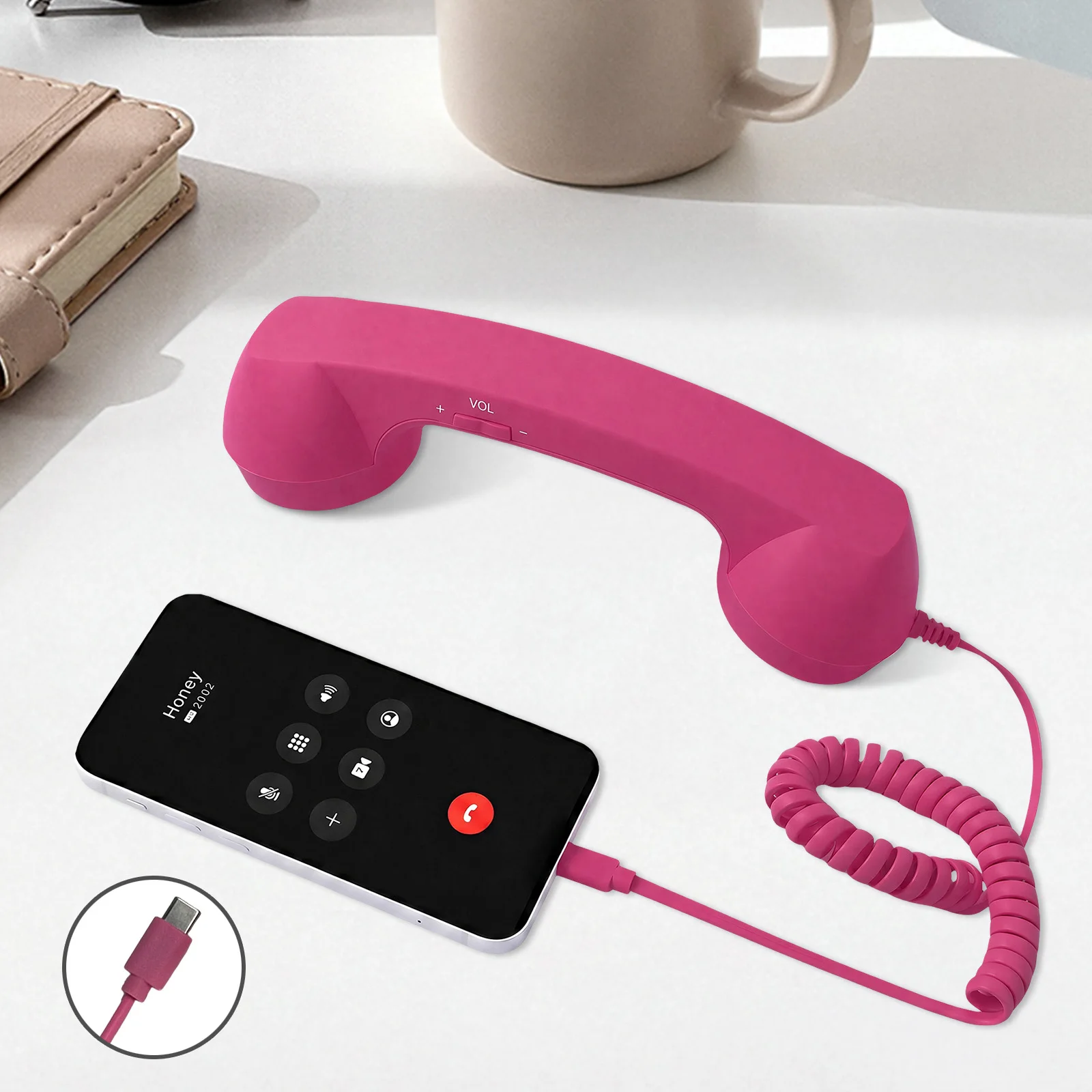 Wired Retro Phone Handset with Volume Control Type-C Vintage Telephone Receiver for Mobile Video Conferences Calls Meetings