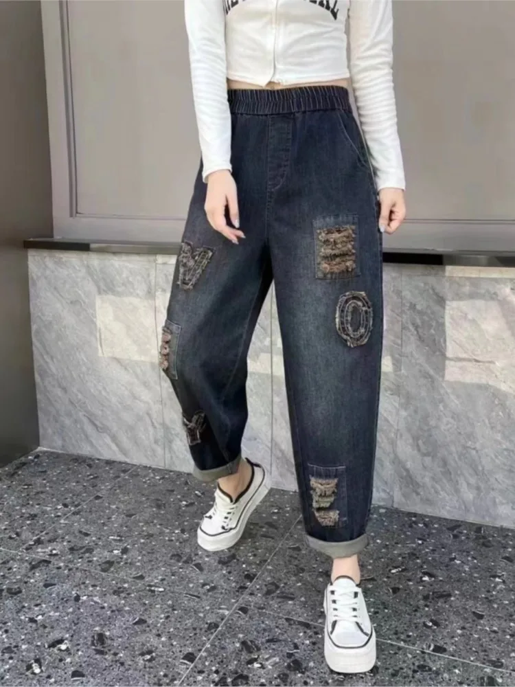 Oversized jeans herfst brief borduurwerk broek vrouwen elastische taille mode casual dames broek losse vrouw potlood broek