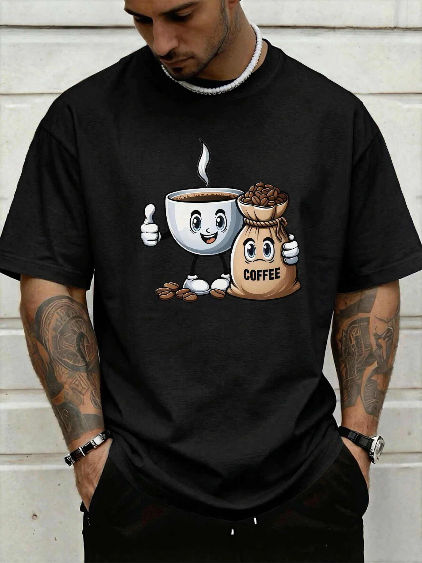 Navy Blue Men Crew Neck Tee Cartoon Coffee Cup Bean Bag Print Soft Cotton Short Sleeve Summer Loose Casual Street Daily T Shirt