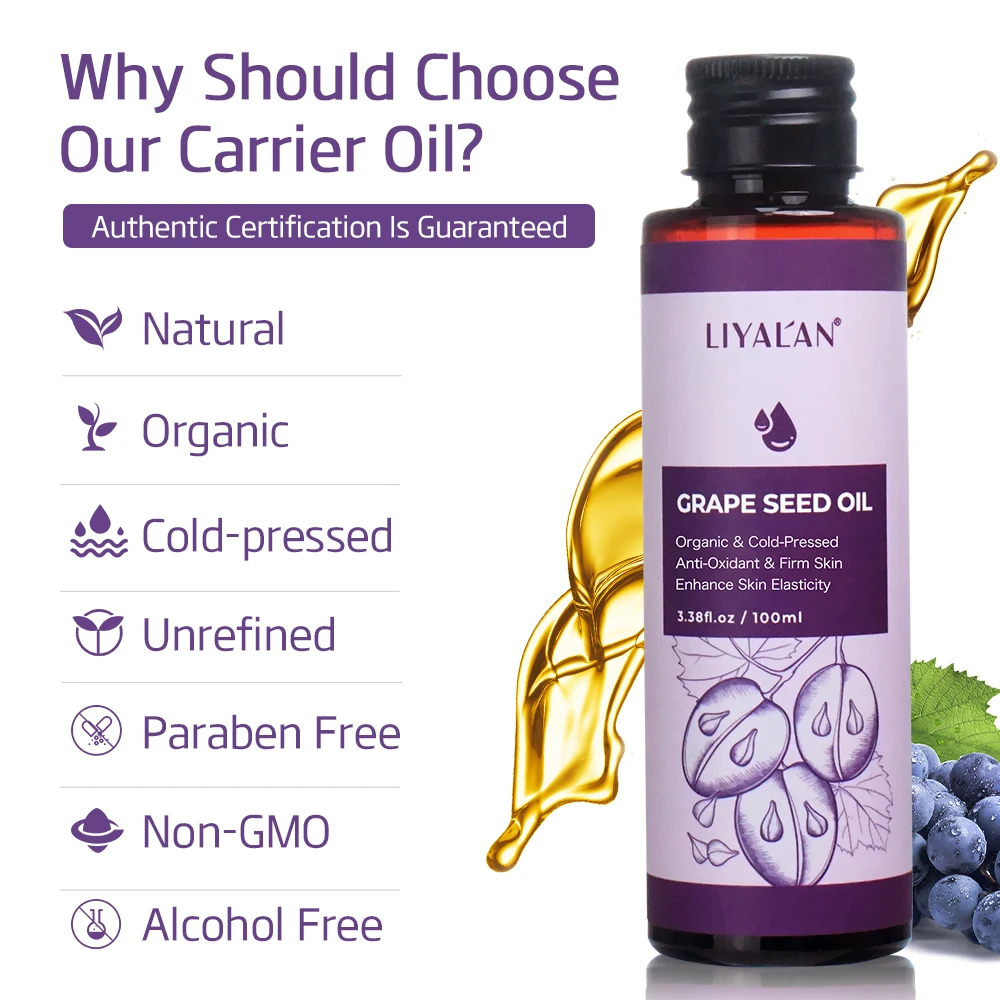 100ml Grape Seed Oil Skin Antioxidant Smooth Wrinkle Fade Spots Moisturizing Nourish Hair Organic Cold Press Carrier Oil