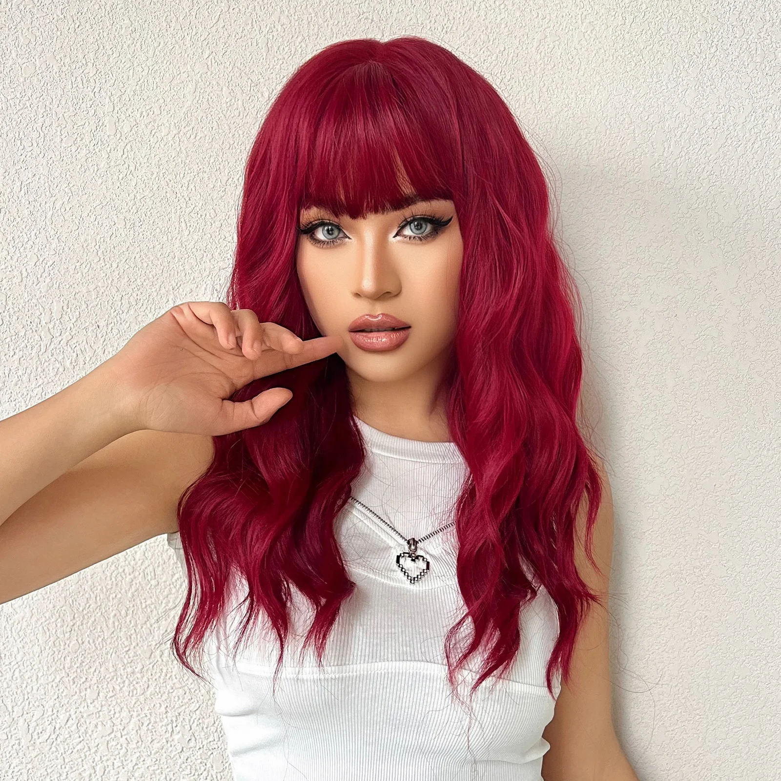 HENRY MARGU Red Water Wavy Synthetic Wigs Long Natural Red Wig with Bangs Red Color Party Costume Hair Heat Resistant Daily Wig