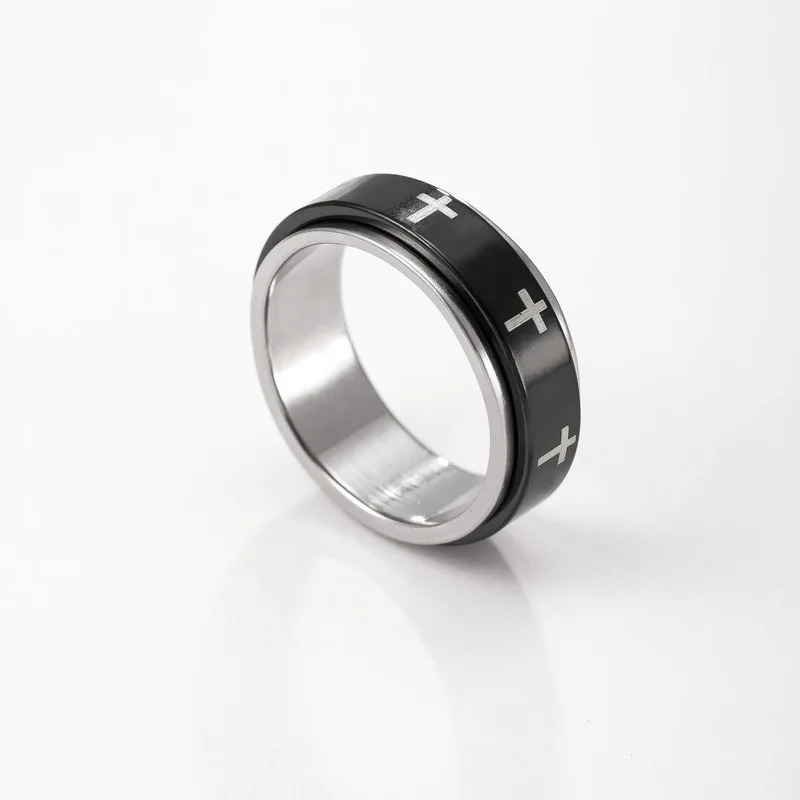 Black Silver Stainless Steel Spinner Ring Checkerboard Grid Pattern Wide Band Vintage Rotatable Stress Fidget Ring Men