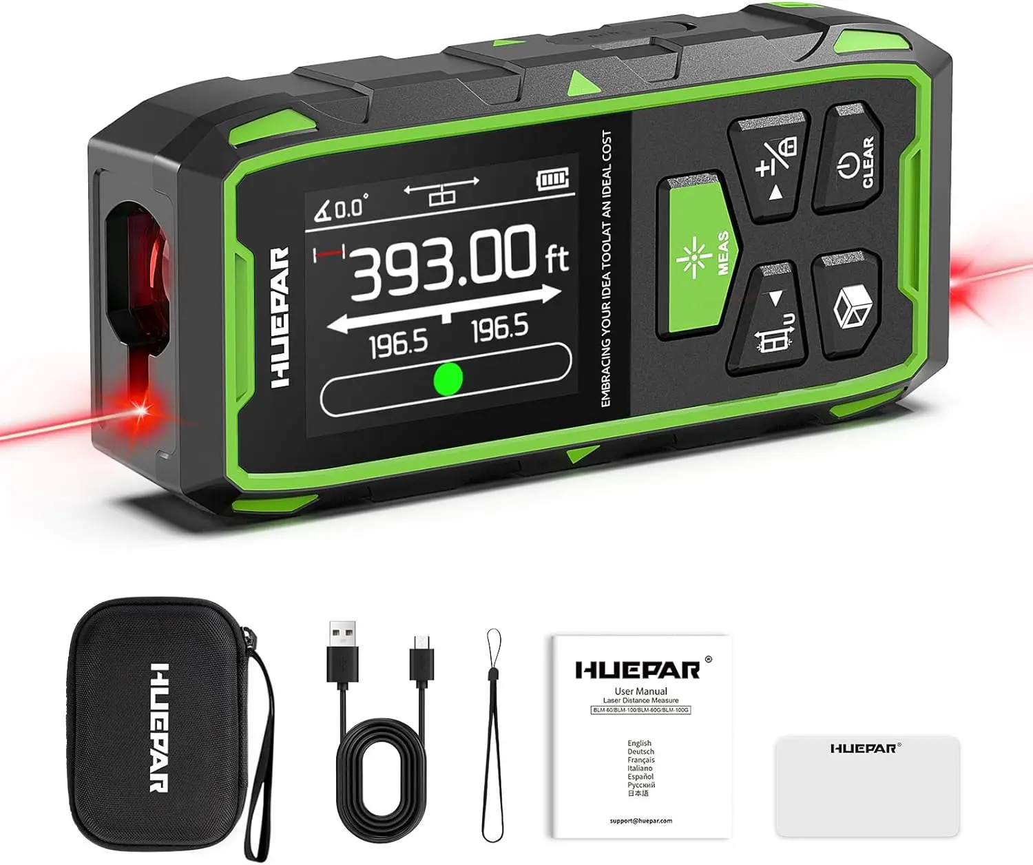 

Dual Laser Measuring Tool 393ft, Rechargeable, Angle Sensor, Magnetic Back