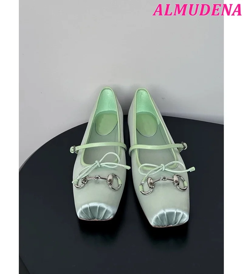 Square Toe Satin Ballet Flats Women Summer New in Metal Buckled Elegant Soft Shoes Luxury Designer Bowknot Cute Mary Jane Shoes