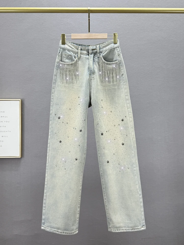 

Женские джинсы с высокой талией, прямые, модные, весенние, новые, свободные, стройнящие, в пол, с бахромой и стразами