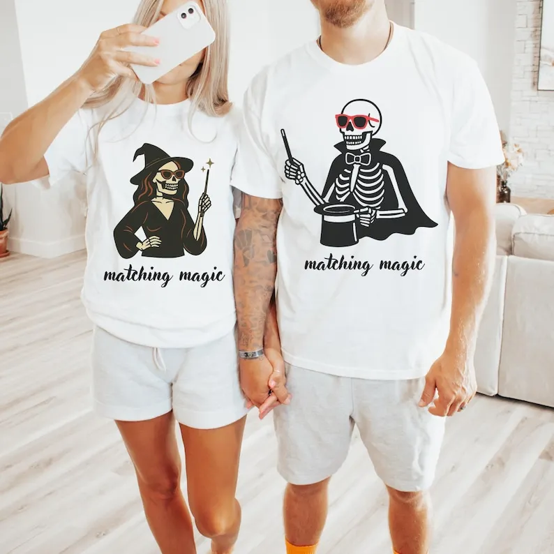 

Matching Magic Skeleton Couple Shirt Cute Halloween T-Shirt for Couples Fall Spooky Season Outfit for Him and Her Ghost Love Tee