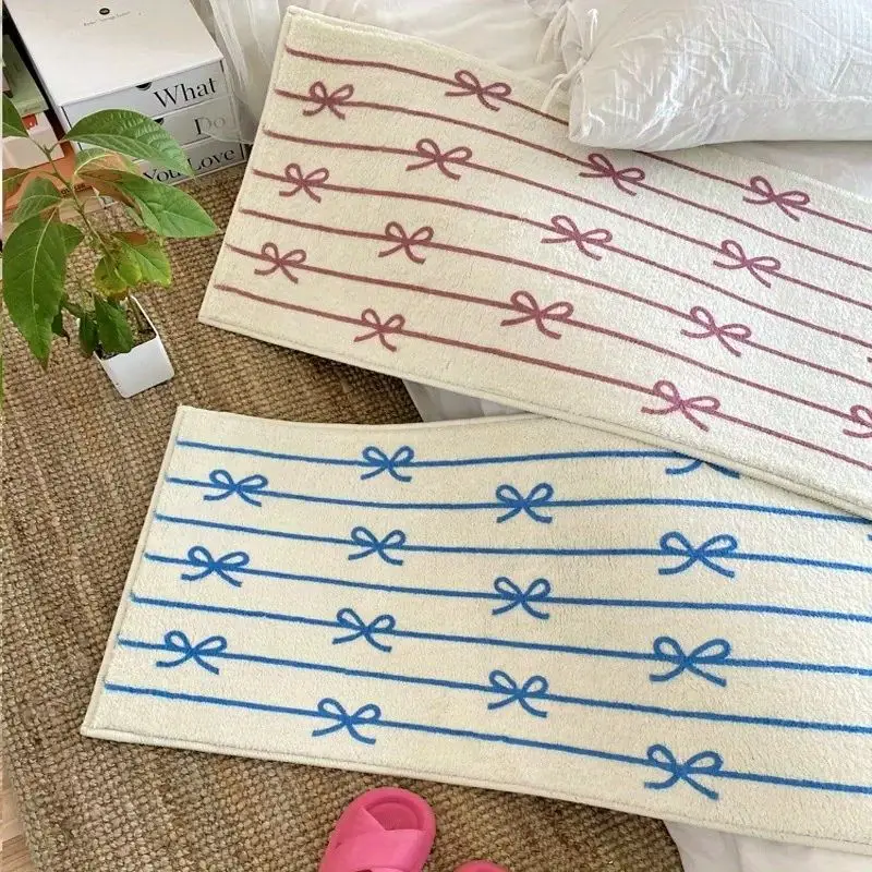 VIKAMA Bow Stripe Runner Rug Cute Bow Print Fluffy Non Slip Long Floor Mat Bedroom Bedside Dresser Home Decor Carpet