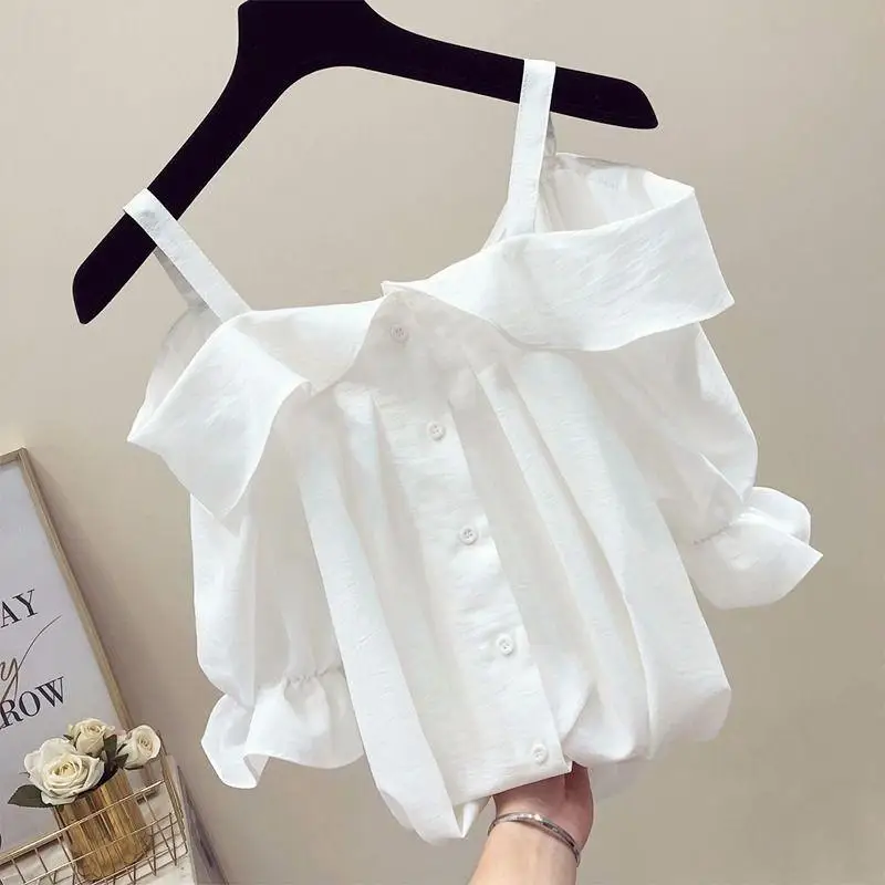 Fashion Slip Slash Neck Off Shoulder Ruffles Shirts Women\'s Clothing 2024 Summer New Loose Sweet Tops Butterfly Sleeve Blouses