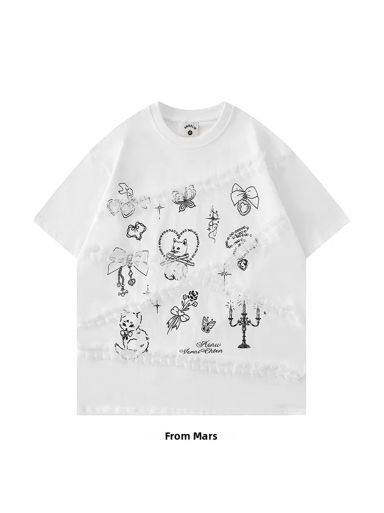 

Мужская футболка свободного кроя с коротким рукавом, повседневная, с круглым вырезом, принтом и кружевными деталями, удобный летний топ