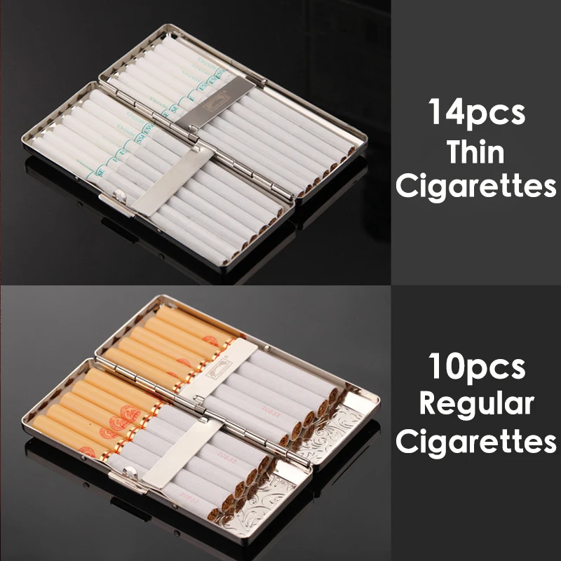 Portable Metal Slim Cigarettes Case for 10-14pcs Female Embossed Cigarettes Smoke Case Box Smoking Accessories 3 Color