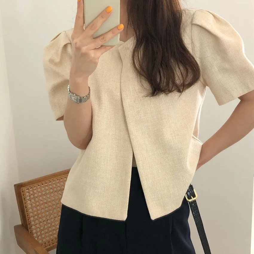 Elegant Blouse Women Shirts 2023 Fashion Summer Short Sleeve Round Neck Solid Tops Femininas Casual Puff Sleeve OL Blusas