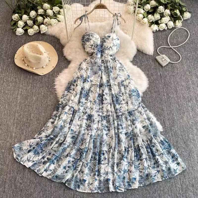 Women Floral Spaghetti Strap long Dress Elastic Ruched Sexy Hollow Backless Party Dress Summer Boho Vacation Beach Sundress 원피스