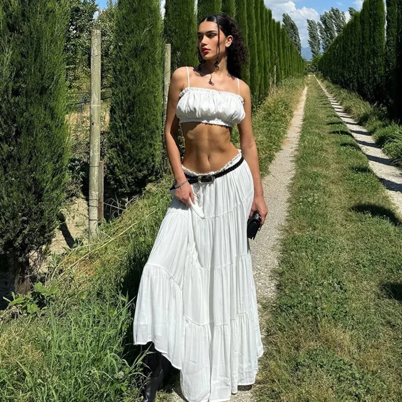 Pleated Halter Top 2 Piece Sexy Sleeveless Backless Plunge Set Casual Beach Holiday Female Long Halter Skirt 2 Pieces