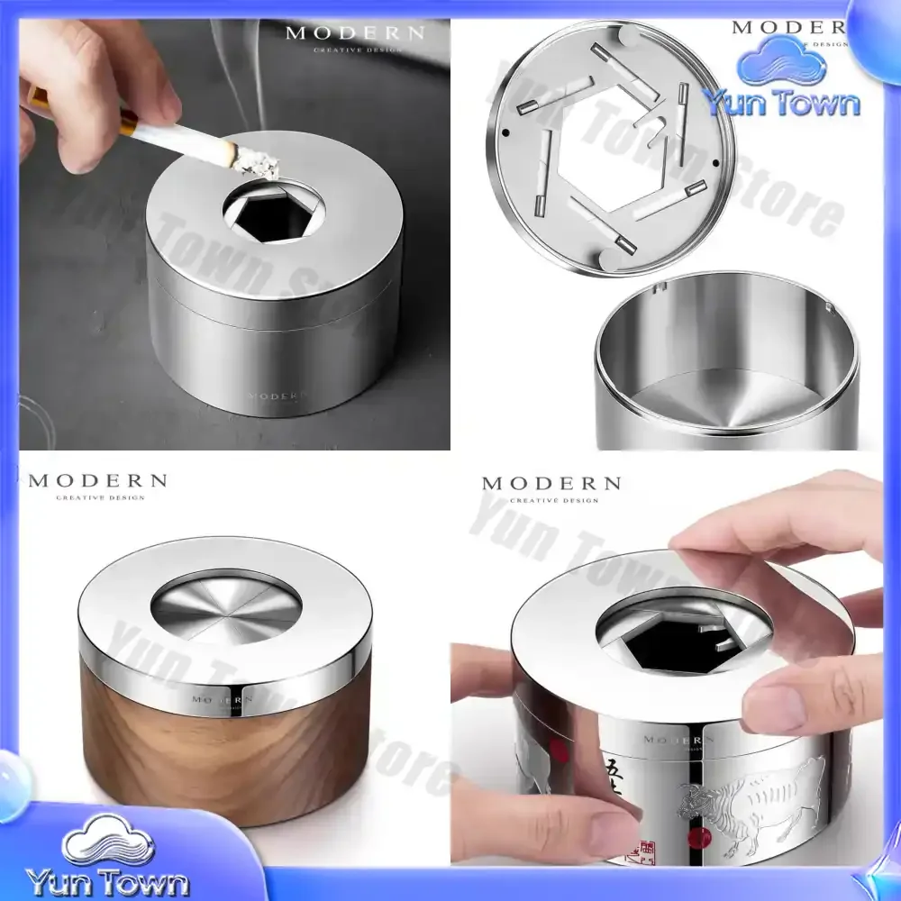 MODERN modern stainless steel rotating ashtray closed with cover anti-fly ash creative high-end light luxury gift