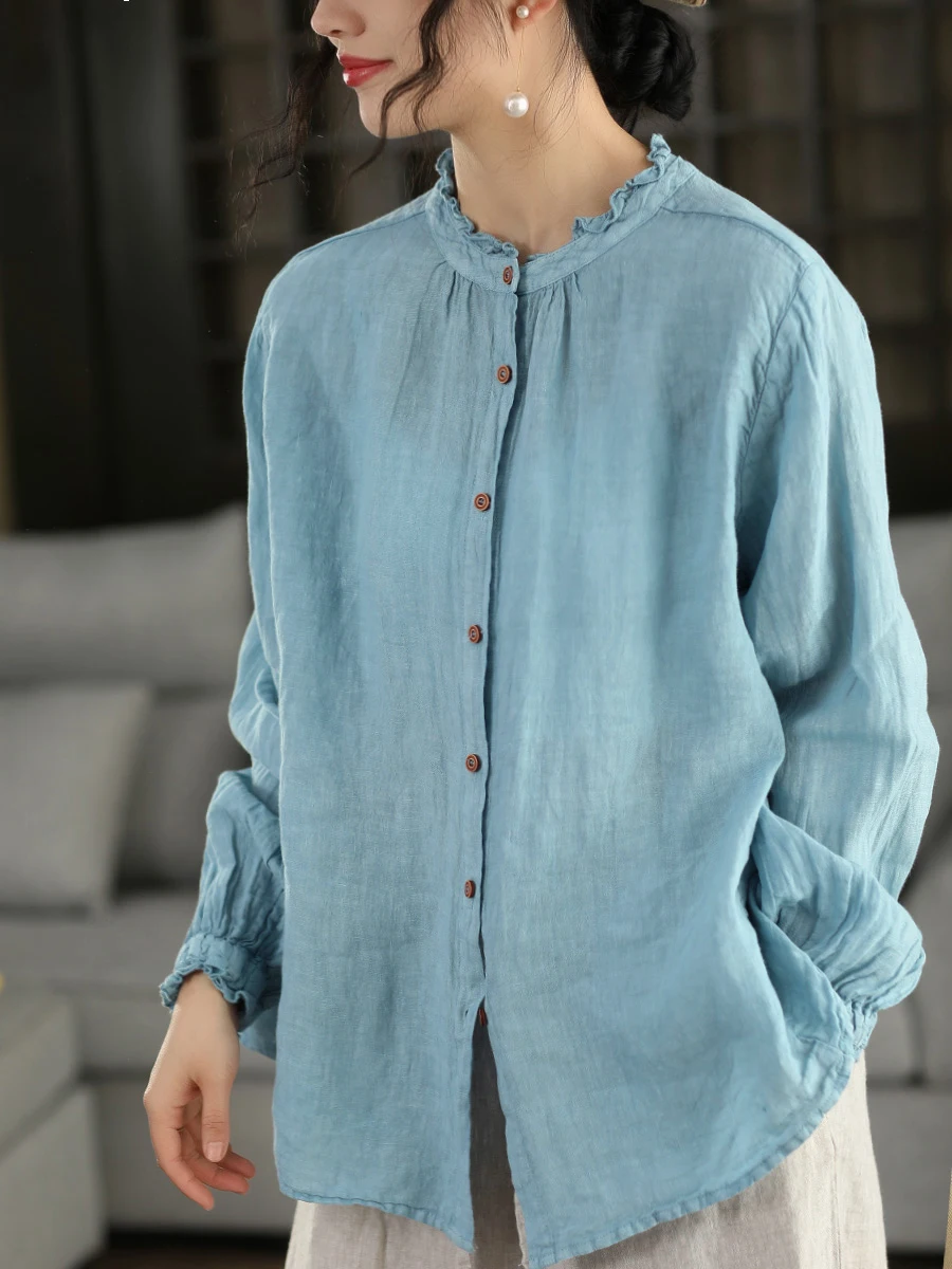 

Retro Style Women's Shirt Double Wear Wood Grain Han Maf Single Button Loose Fit Long Sleeve Stand Collar Spring Top