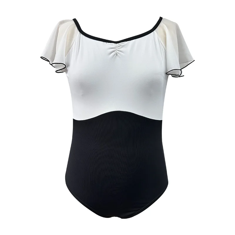 لوتس ليف الأكمام الباليه قطعة واحدة الكبار الإناث ممارسة الرقص دعوى الرقص الحديث أسود أبيض الرقص اختبار ثياب