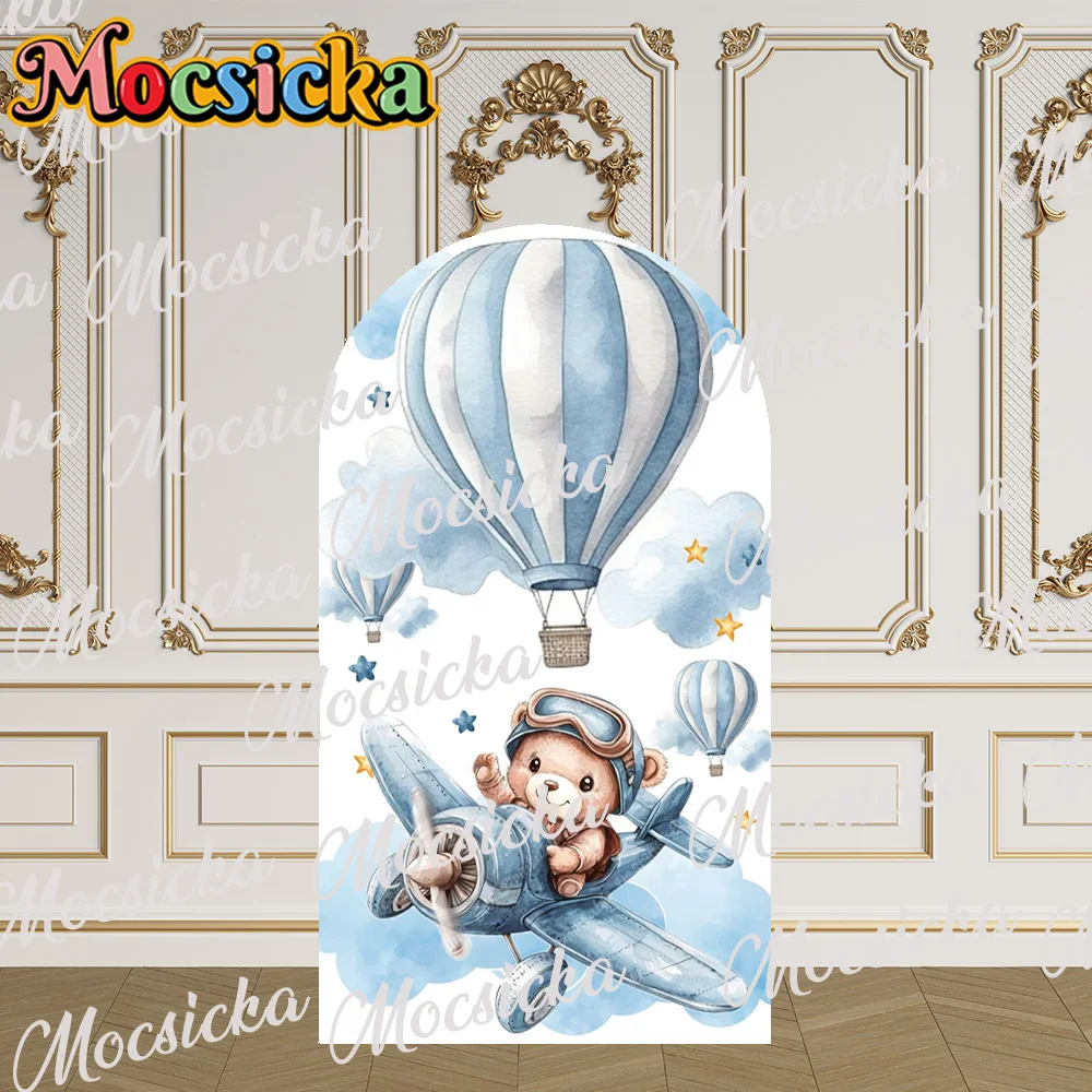 

Mocsicka 2-Sided Arch Cover Blue Airplane Hot Air Balloon Decoration Backdrop Baby Shower Cake Smash Newborn 1st Party Prom Prop