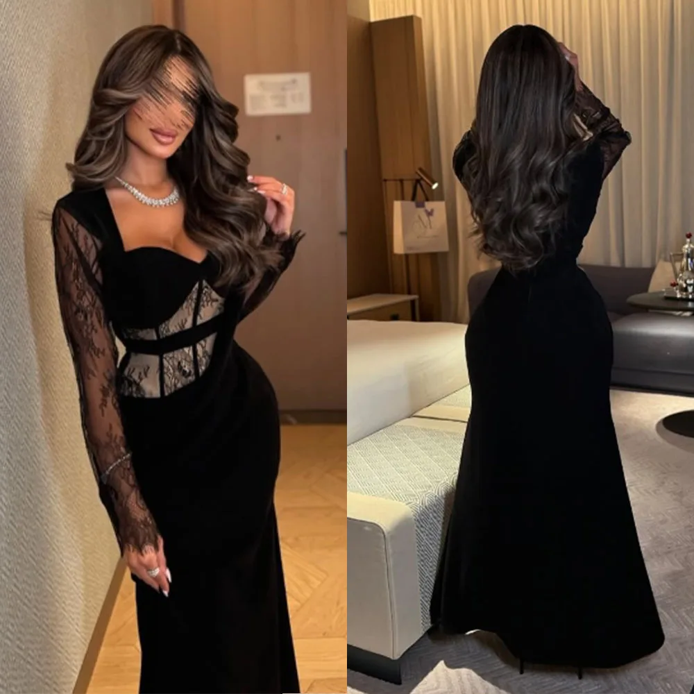 

High Quality Customized Sswetheart Floor Length Full Sleeves A-line Black Vestidos De Fiesta Para Bodas Robe Pour Mariage Invité