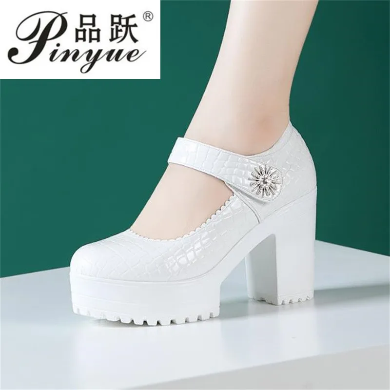 6cm 8cm 10cm Block Heel Platform  Genuine Leather Shoes with Fall Winter High Heels Pumps Women Office Elegant shoes 34 41