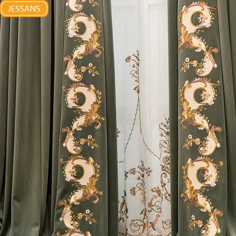 

Ретро темно-зеленые утолщенные бархатные шторы с вышивкой и заплатками для гостиной, спальни, французского окна, виллы, оконный экран на заказ