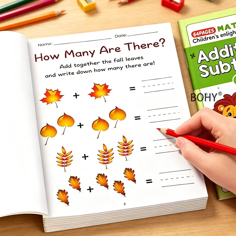 1 Book of Fun Arithmetic Training Workbook, with Cute Illustration Patterns,total 64 Pages of Addition and Subtraction Exercises
