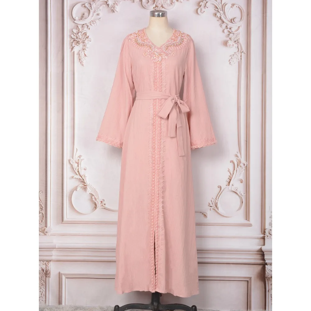 Muslim Women Luxury Evening Dresses Beaded Casual Abayas Dubai V Neck Embroidery Robe Arab Long Sleeve High Waist Banquet Kaftan