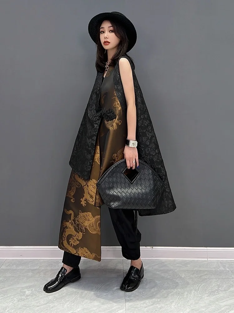 SHENGPALAE V-neck Long Vest Sleeveless Coat Loose Chinese Style Mid-length Printing Irregular Jacket Women 2024 Spring New 5R585