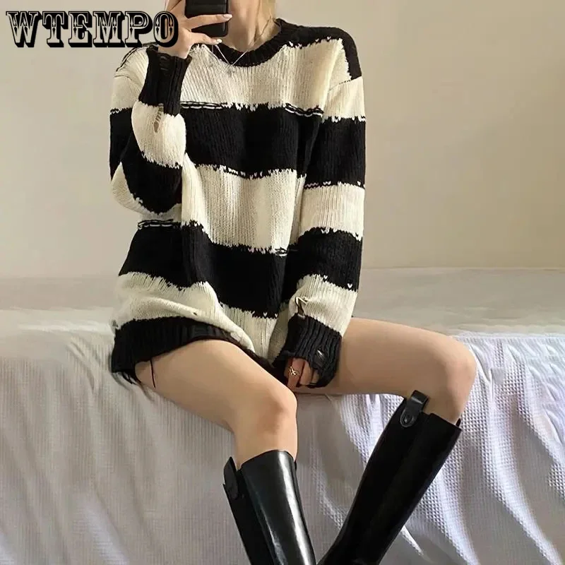 Gothic Punk Hole Sweaters Women Fashion Harajuku Oversize Pullover Sweater Knitted Jumper Fashion Striped Sweater Wholesale