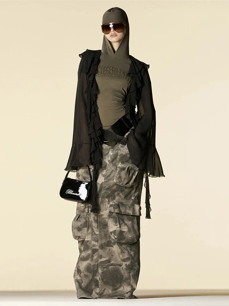 

Retro Sle Low Waist Denim Skirt with kets Waist Cinching Long A-Line Skirt for Women Casual Outdoor Travel Leisure