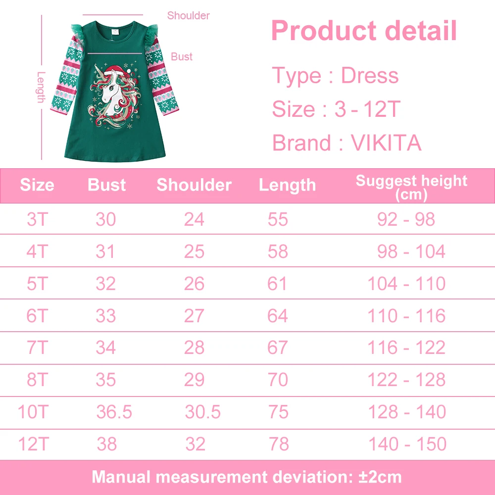 VIKITA Girls Christmas New Year Gift Dress Kids Licorne Snowflakes Green Autumn Spring Fall Flare Sleeve Cotton Straight Dresses