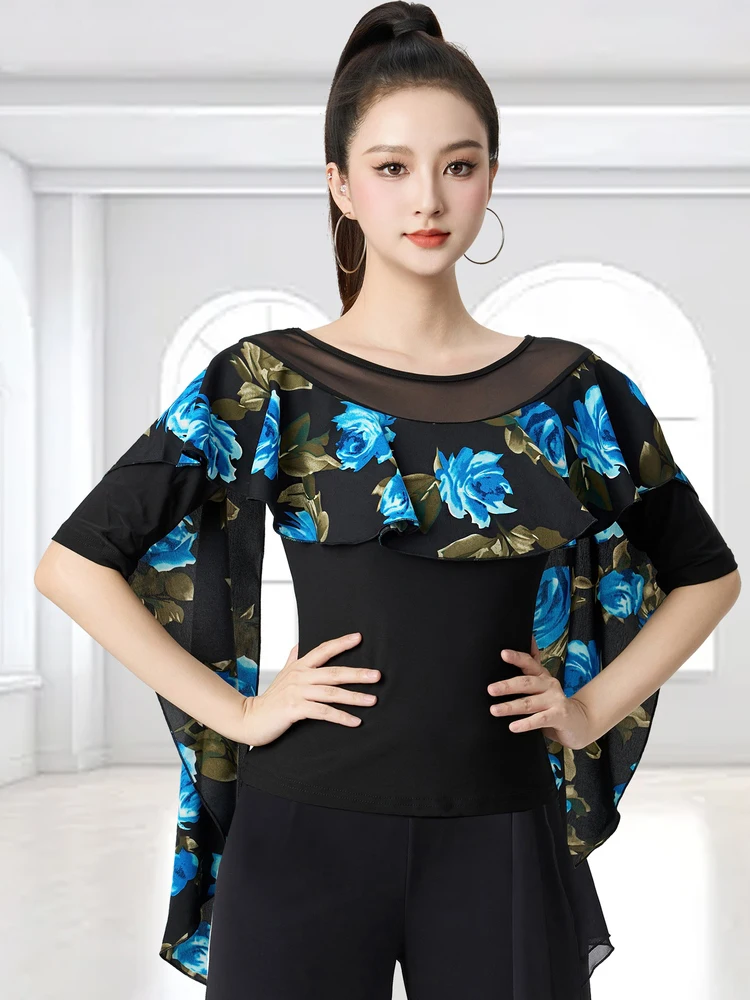 

Modern Dance Mesh Blue Flower Top Latin Dance Top Women Clothes National Standard Chacha Tango Ballroom Dance Costumes DQL11216