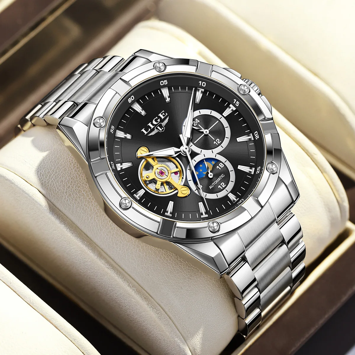 LIGE 2026 watches for men Mechanical Wristwatch Waterproof Luminous Moon Phase Men Watch Luxury Stainless Steel Men's Watches