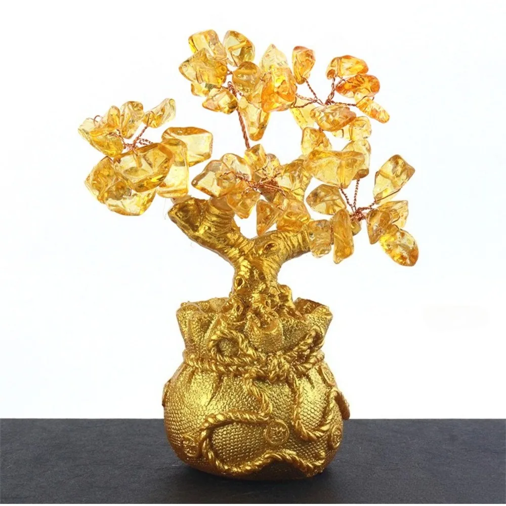 Crystal Money Bag Tree, Resin Fortune Bonsai Decor with Gemstones, New Year Home Ornament & Gift