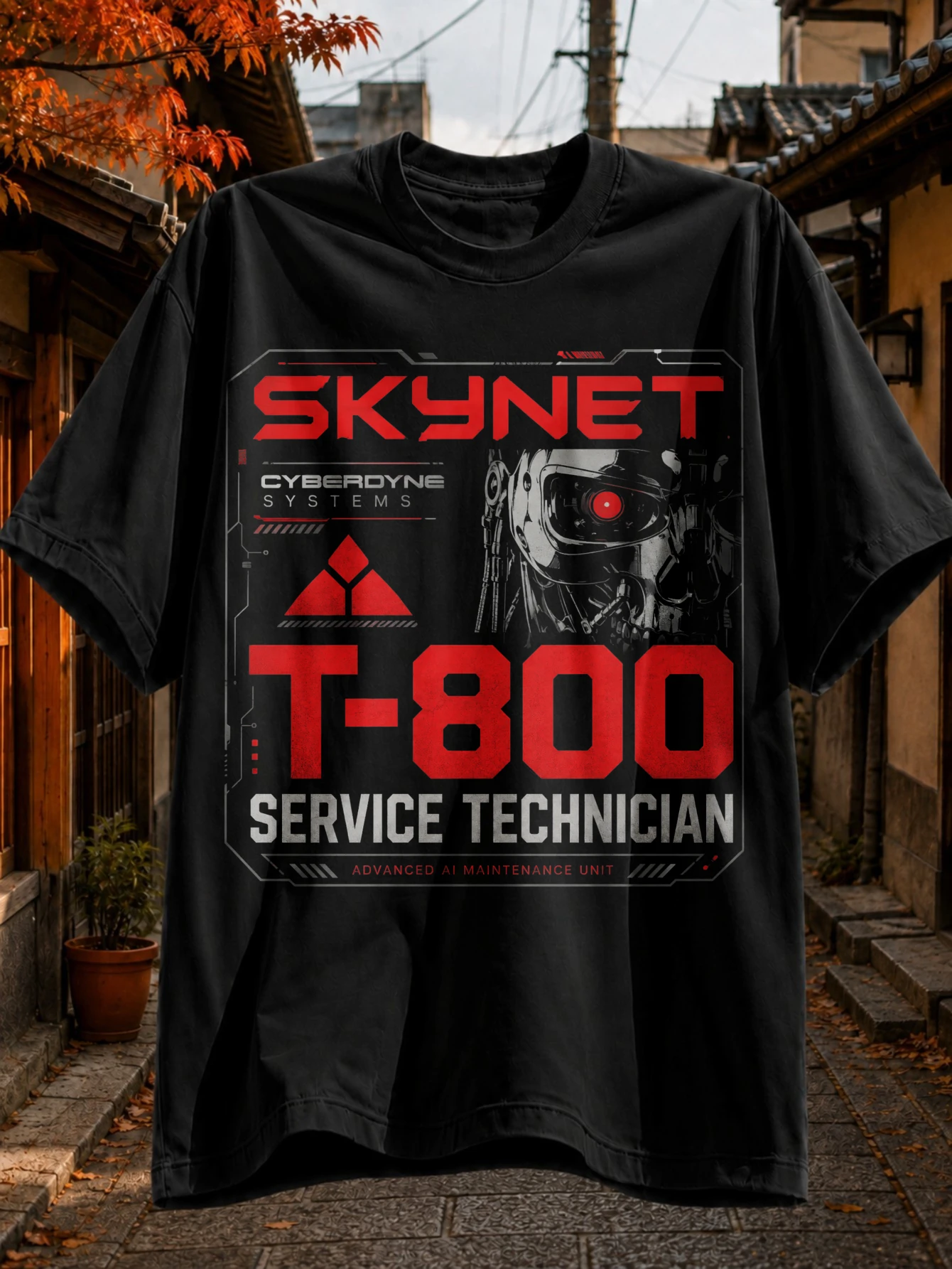 Men's Skynet Cyberdyne Systems T-800 Service Technician Robot Red Eye Advanced AI Maintenance Tech Graphic Unisex T-Shirt