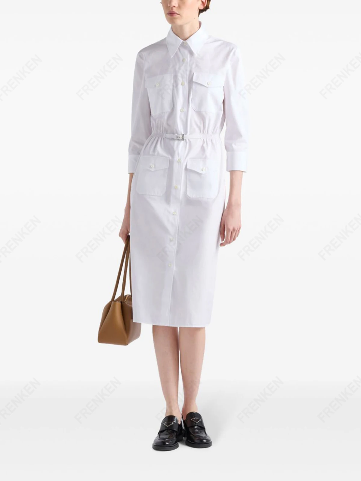 Frenken, Women's Shirt Dress, New Dress, Poplin Shirt Dress, Belt Flap Pocket Pants Button Three-Quarter Sleeve Shirt Dress, 100% Cotton White Dress, Long Skirt, Casual Women's Dress