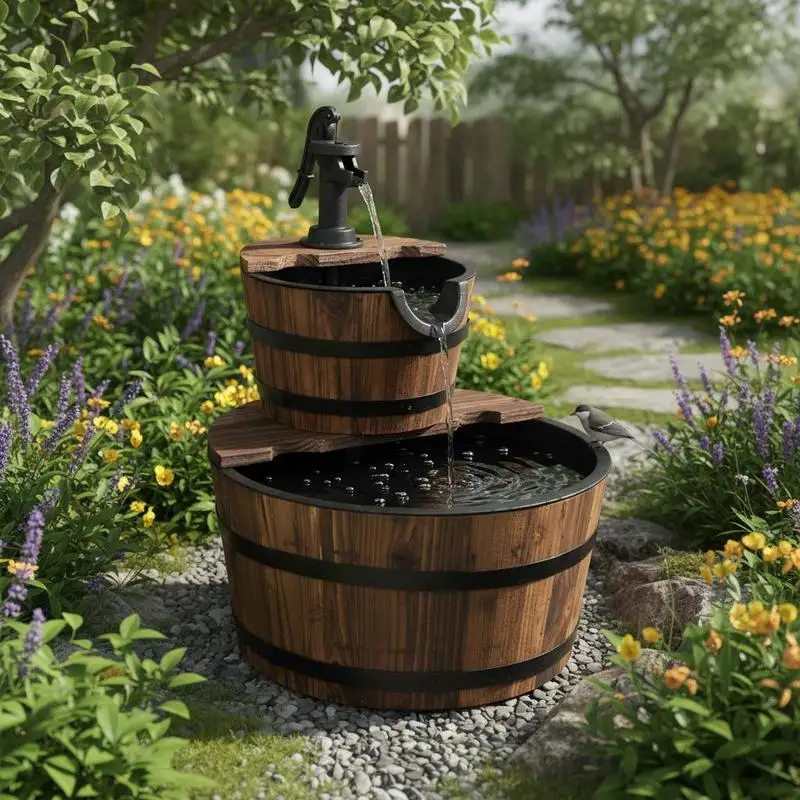 Gartenbrunnen Kaskadenbrunnen aus Massivem Fichtenholz 44,5x44,5x58 cm - Freistehendes Ornamentales Becken, Zen-Dekoration für Terrasse, Balkon, Patio, Außenbereich, Einfach zu Installieren,