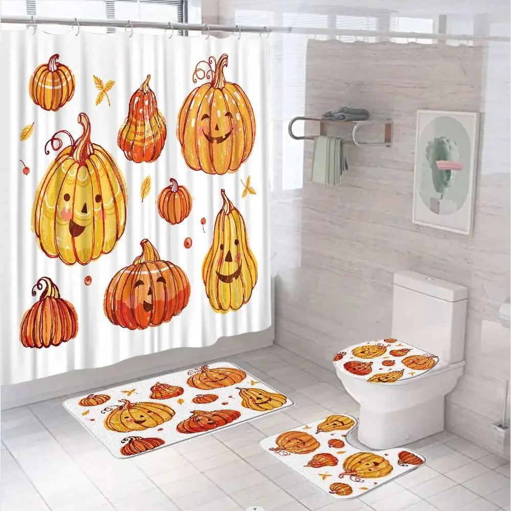 4Pcs Cute Watercolor Pumpkin Shower Curtains Sets Halloween Counrty Fabric Bathroom Decor Bath Mats Rug Carpet Toilet Lid Cover