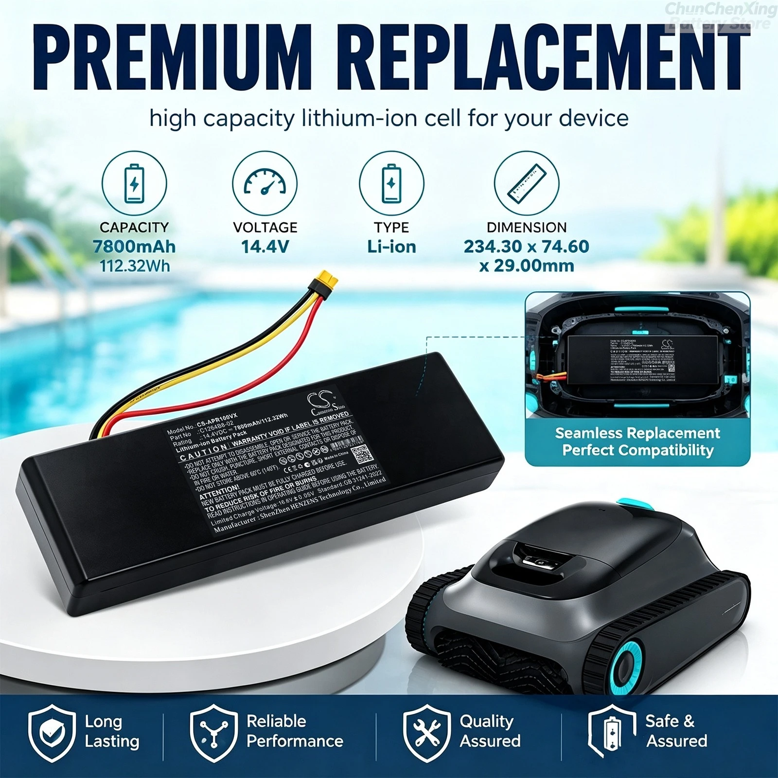 Cameron Sino 14.4V 7800mAh/10200mAh Replacement Robotic Pool Cleaner Battery for Aiper C1264B8-02 Scuba S1 Pro