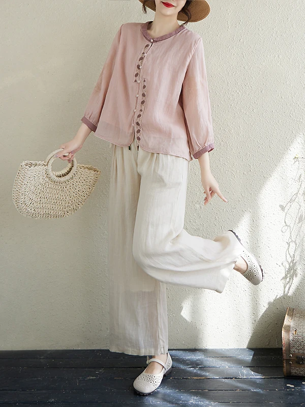 Faionable – ensemble en lin brodé rond Ne Seven Sve, pantalon à jambes larges, costume deux pièces pour femmes, tenue d'été de marque chinoise