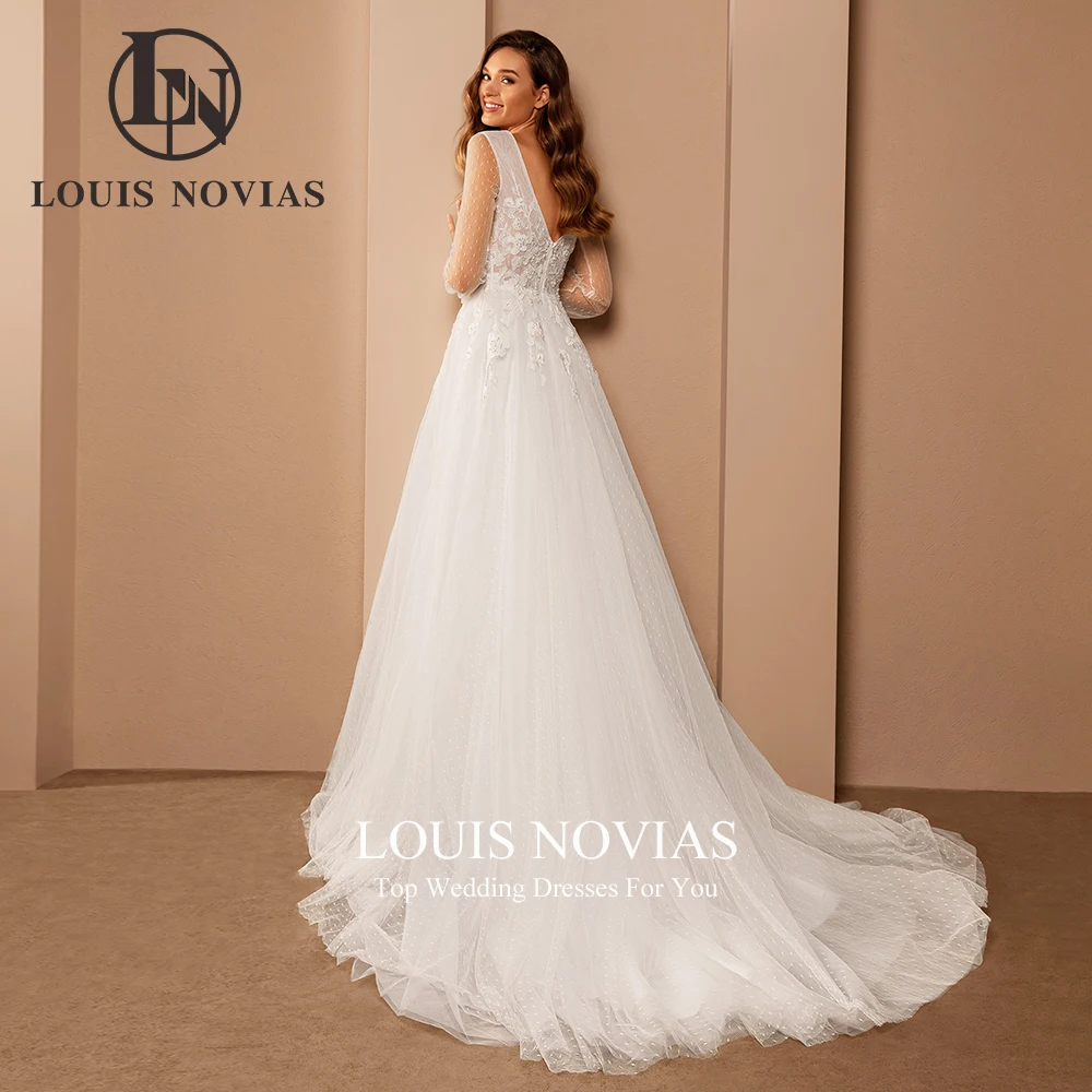 LOUIS NOVIAS Deep V-neck Wedding Dresses For Women Sexy Bride Long Sleeves Appliques Train A-Line Bridal Gown Vestidos De Novia