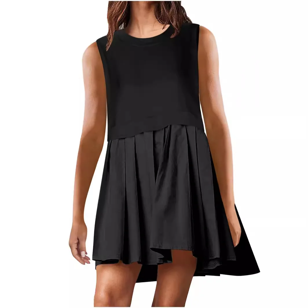Women's short dress simple solid color A-line skirt traf round neck casual splicing pleated sleeveless dresses seaside beach image 2