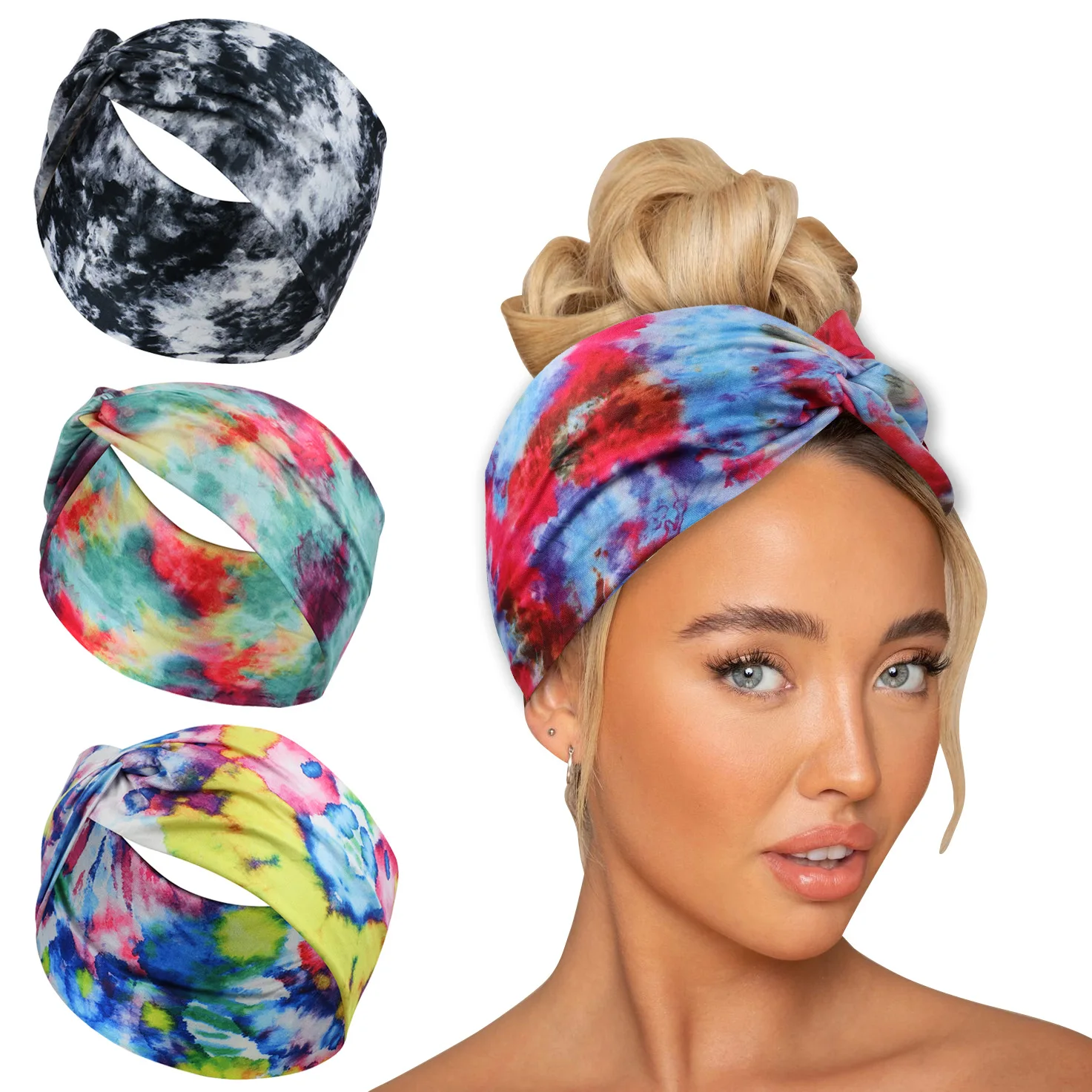 2023 New Tie Dye Wide Knotted Headbands for Women  Fitness Elastic Sports Female Yoga Turban Running Sport Ladies Hair Band