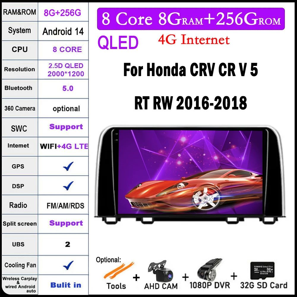 

Android 14 For Honda CRV CR V 5 RT RW 2016-2018 Car Radio Player Video Multimedia Carplay IPS DPS Navigation Stereo